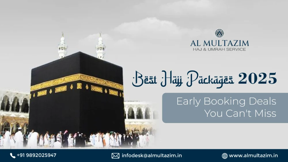 Book early for best Hajj packages 2025 with Al Multazim featuring Kaaba and pilgrim crowd.