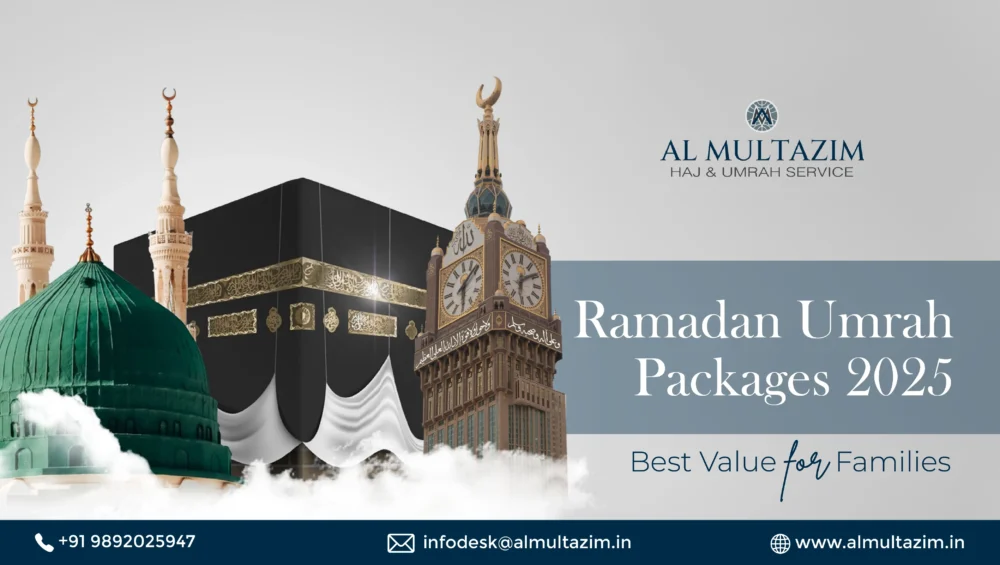 Ramadan umrah packages 2025 banner featuring Islamic architecture and contact details