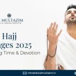 Devotee prays in white ihram, promoting Al Multazim's Short Hajj Packages 2025, focusing on devotion.