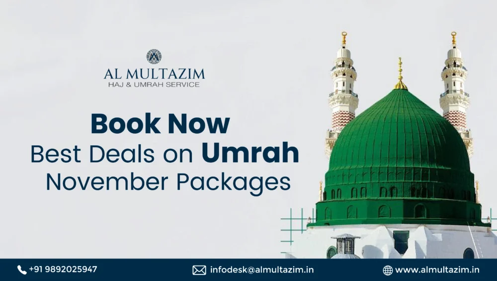 Book now for the best deals on Umrah November packages featuring the iconic green dome of the Prophet's Mosque in Medina