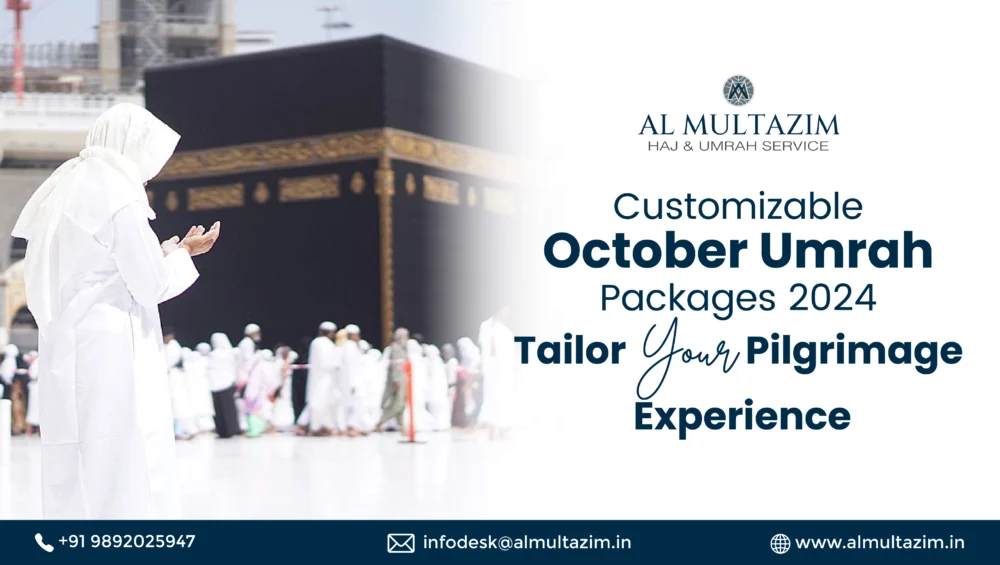 Pilgrim in white praying near Kaaba, highlighting October Umrah packages 2024 with Al Multazim for a personalized spiritual journey.