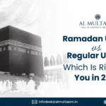 Ramadan Umrah vs Regular Umrah guide by Al Multazim, exploring the best spiritual journey choice for 2025 with Kaaba image.