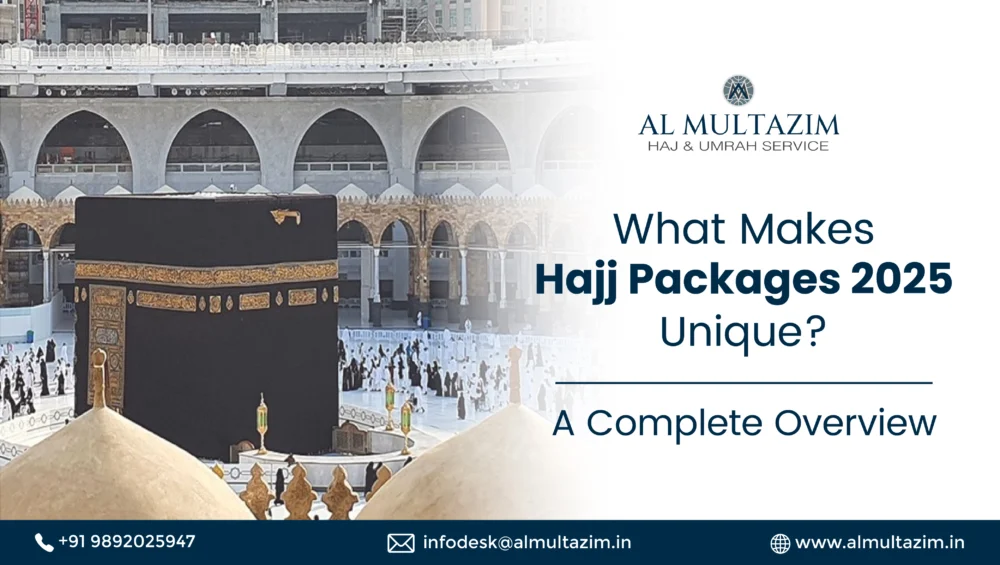 Kaaba in Makkah with Al Multazim's banner promoting unique Hajj packages 2025, offering comprehensive pilgrimage options for all.