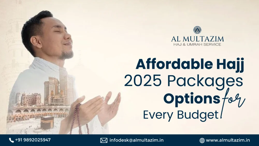 Pilgrim in white attire praying, with Kaaba and Mecca background promoting affordable Hajj 2025 packages by Al-Multazim for spiritual fulfillment.