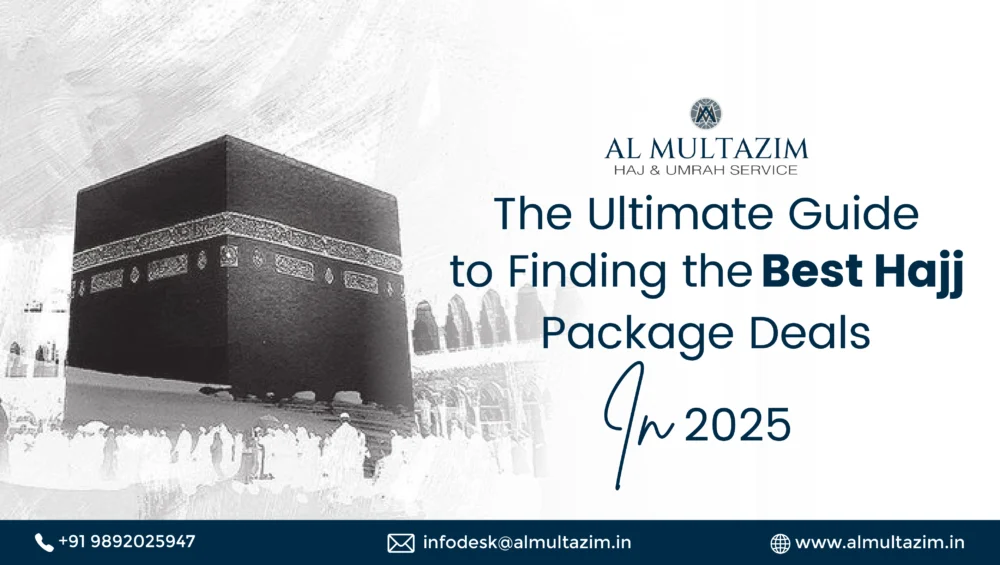 The Kaaba image on a guide by Al-Multazim promoting the best hajj package deals for 2025, highlighting their pilgrimage services.