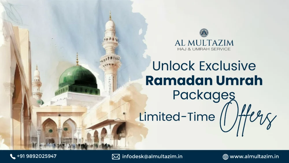 Ramadan Umrah packages: stunning view of a mosque with iconic green dome, arches, and pilgrims gathering in prayer.