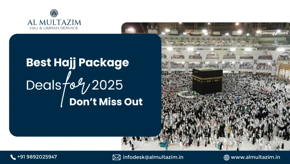 Hajj package deals 2025 promotional image by Al-Multazim, showcasing the sacred Kaaba and thousands of pilgrims performing Tawaf in Makkah.