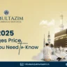 Al-Multazim Hajj 2025 Packages Price promotional banner featuring the Kaaba, a praying pilgrim, Islamic landmarks, and contact details.