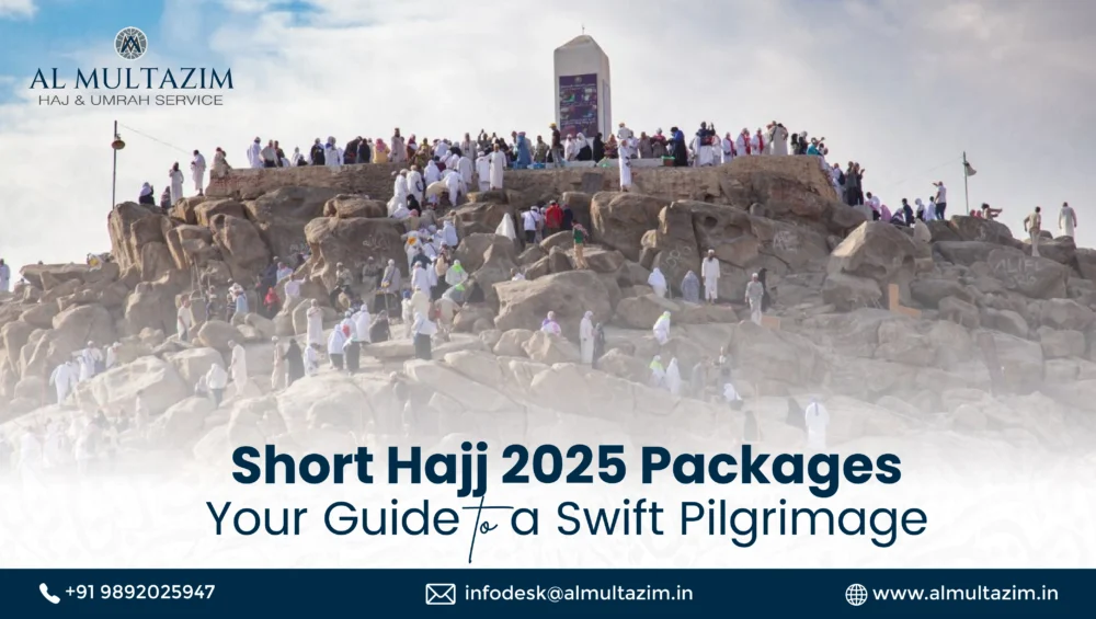 Pilgrims performing Hajj rituals at Jabal al-Rahmah, highlighting Al-Multazim's short Hajj 2025 packages for a convenient and spiritually rewarding pilgrimage.