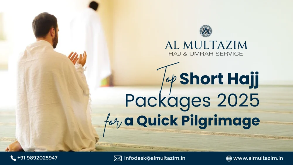 A Muslim man in Ihram praying in a mosque, promoting Al-Multazim's short Hajj packages 2025 for a quick and affordable pilgrimage.