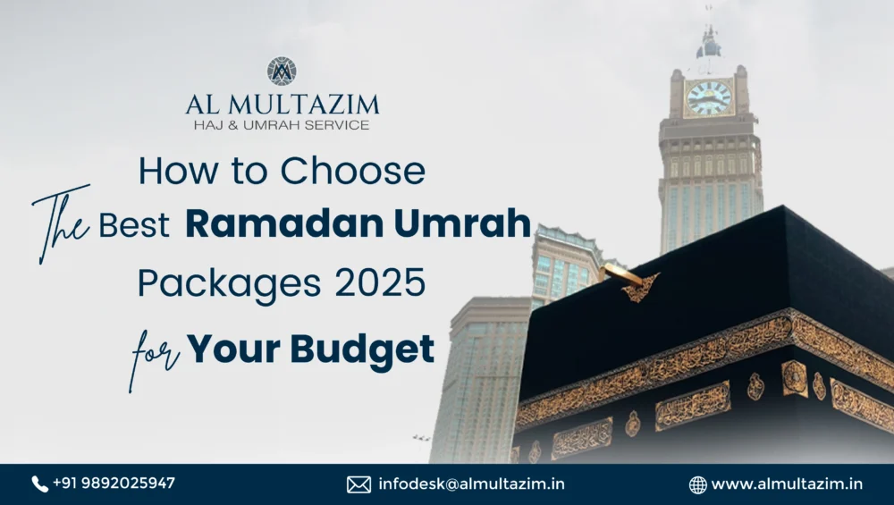 Kaaba with Abraj Al Bait in the background promoting the best Ramadan Umrah Packages 2025 by Al Multazim. Find affordable and tailored pilgrimage options for your budget.