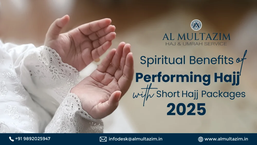 A close-up image of a person in white Islamic attire making a supplication, promoting the spiritual benefits of performing Hajj with short Hajj packages 2025 by Al Multazim. Book your sacred pilgrimage today!