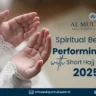 A close-up image of a person in white Islamic attire making a supplication, promoting the spiritual benefits of performing Hajj with short Hajj packages 2025 by Al Multazim. Book your sacred pilgrimage today!