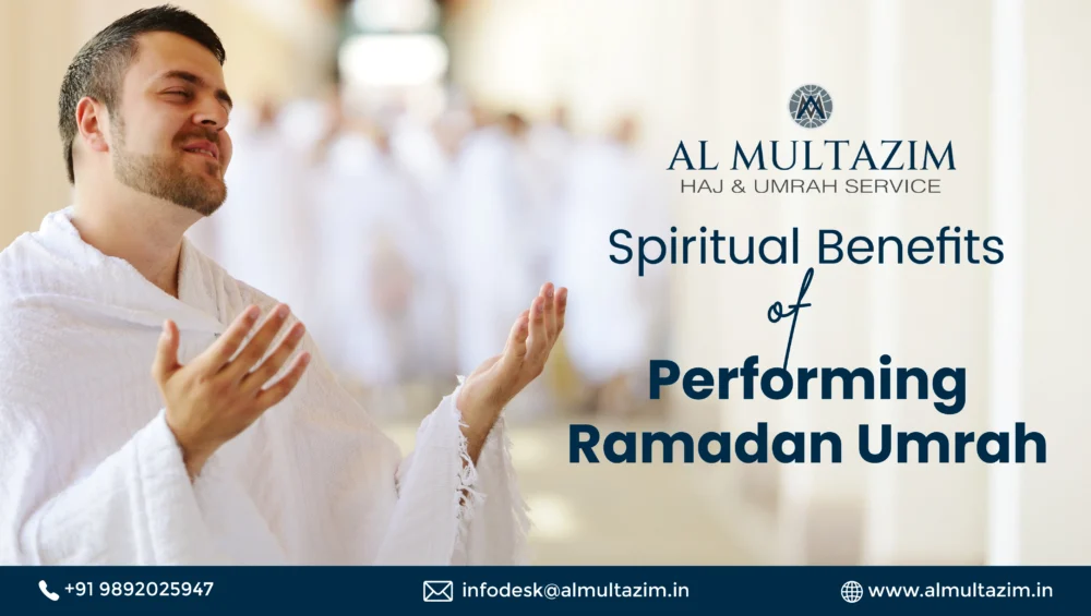 Muslim man praying in Ihram attire during Ramadan Umrah - Al Multazim Haj & Umrah Services