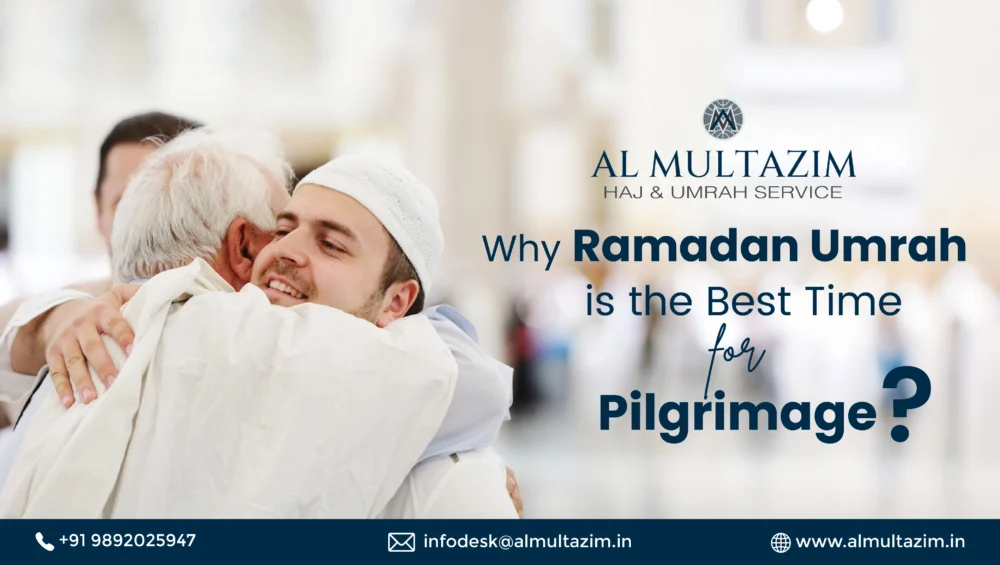 Two Muslim men embracing after completing Ramadan Umrah, symbolizing unity and spirituality during the sacred pilgrimage. Book your Ramadan Umrah 2025 with Al Multazim for a blessed journey.