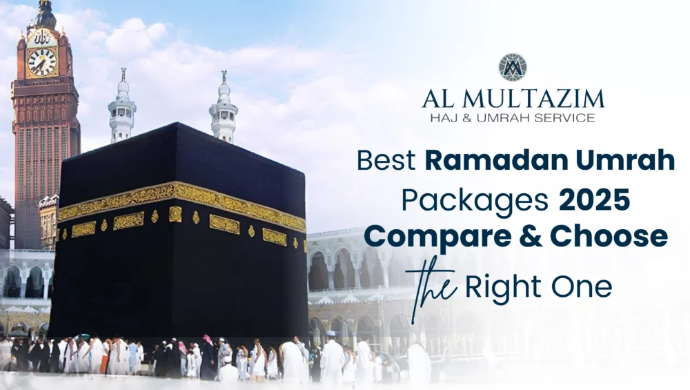 Kaaba image with pilgrims performing Umrah, promoting the best Ramadan Umrah Packages 2025 by Al Multazim. Compare and choose the right package for your sacred journey.