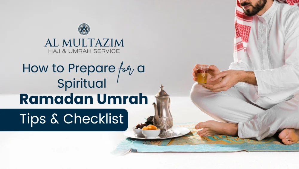 Man in traditional white attire enjoying tea before prayer, symbolizing preparation for a spiritual Ramadan Umrah. Explore essential tips & checklist for a fulfilling Umrah journey with Al Multazim.