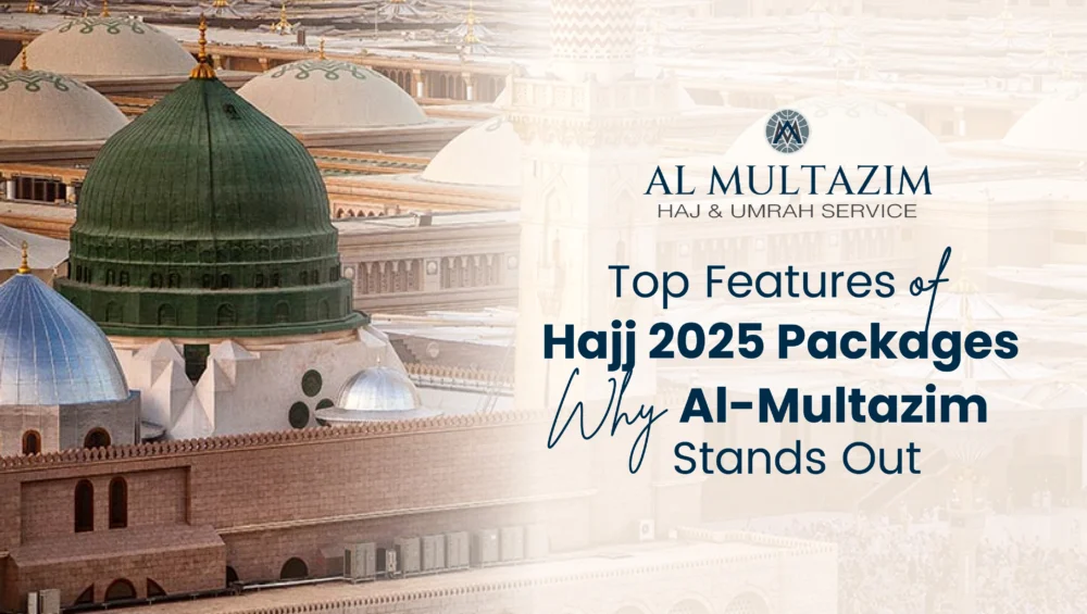 Masjid Nabawi’s iconic green dome backdrop promoting Hajj 2025 packages by Al‑Multazim—showcasing top features and inviting pilgrims to book their sacred journey today.