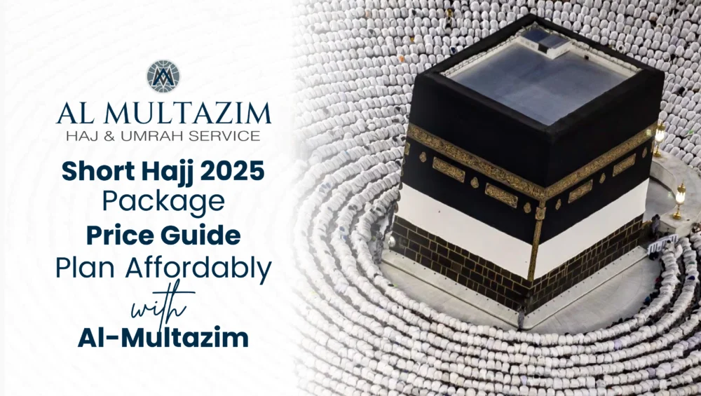 Kaaba surrounded by pilgrims during Tawaf, promoting Al-Multazim’s exclusive Ramadan Umrah Packages 2025. Plan your sacred journey today!